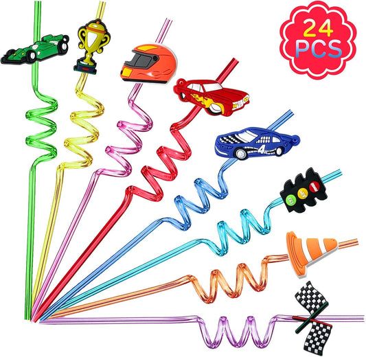 24Pcs Race Car Reusable Straws Party Decorations Birthday Party Supplies Drink Markers with 2Pcs Cleaning Brushes