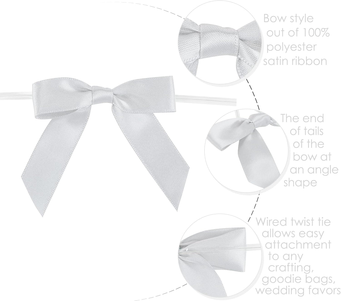 AIMUDI Silver Satin Ribbon Twist Tie Bows 2.5" Pretied Bows Premade Craft Bows for Treat Bags Cake Pop Gift Wrapping Basket Wedding Favors Cookie Candy Bagging Baby Shower - 50 Counts
