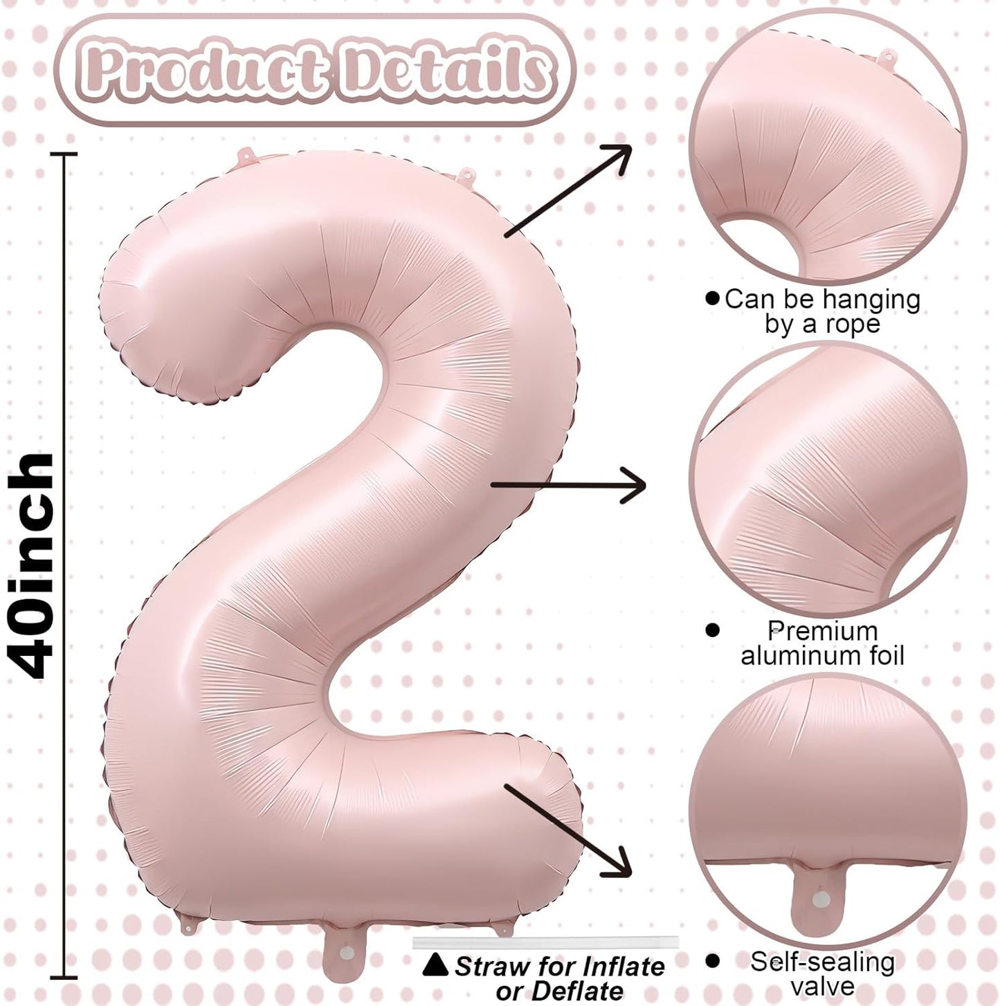 Pink 40 Inch Balloon Number 2, Large Dusty Retro Pastel Pink Foil Number 2 Balloons Set 0-9 for Girls, Digital 2 Helium Balloon for Boho Baby Shower Anniversary 2nd Coquette Birthday Party Decorations