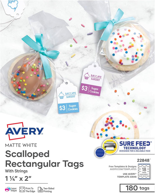 Avery Scalloped Printable Tags, Sure Feed Technology, 2" x 1.25", White, Includes String, Laser/Inkjet Printable, 180 Total, Great for Branding, Gifts, Merchandising, and More (22848)