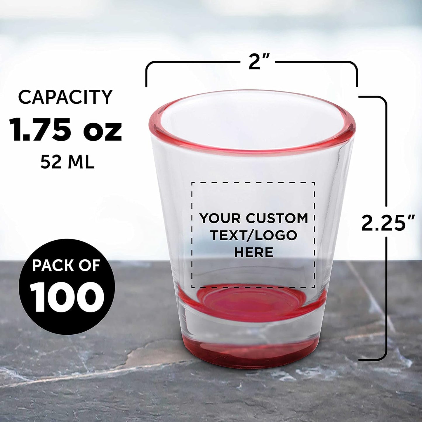 Custom Shot Glasses 1.75 oz. Set of 100, Personalized Bulk Pack - Great for Wedding Favors, Bachelorette Party Decorations, Party Fovors, Color Bottom - Red