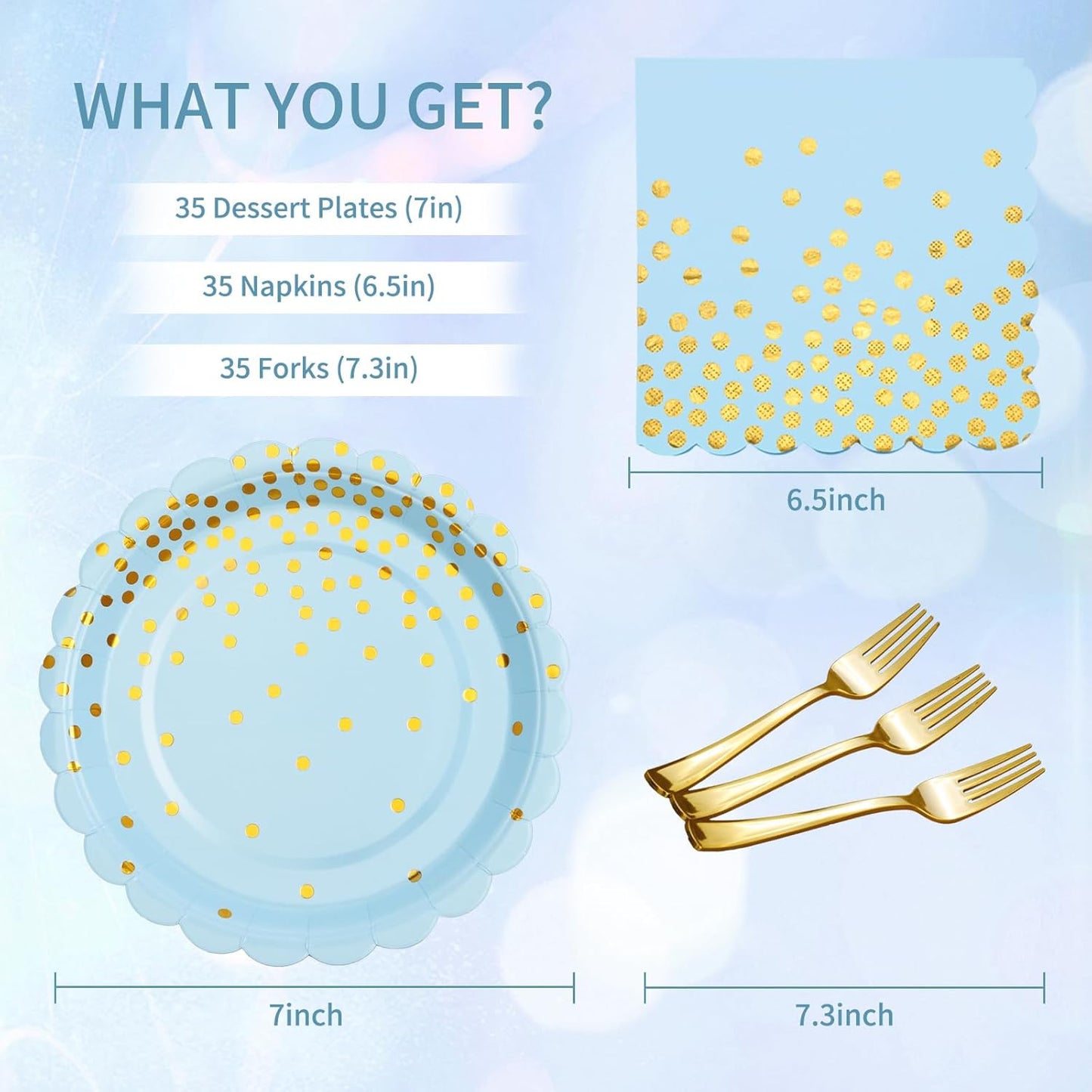 Light Blue Paper Plates and Napkins Party Supplies, Disposable Gold Dot Dessert Plates and Scalloped Napkins for Blue Party Decorations, Serves 35 Guests