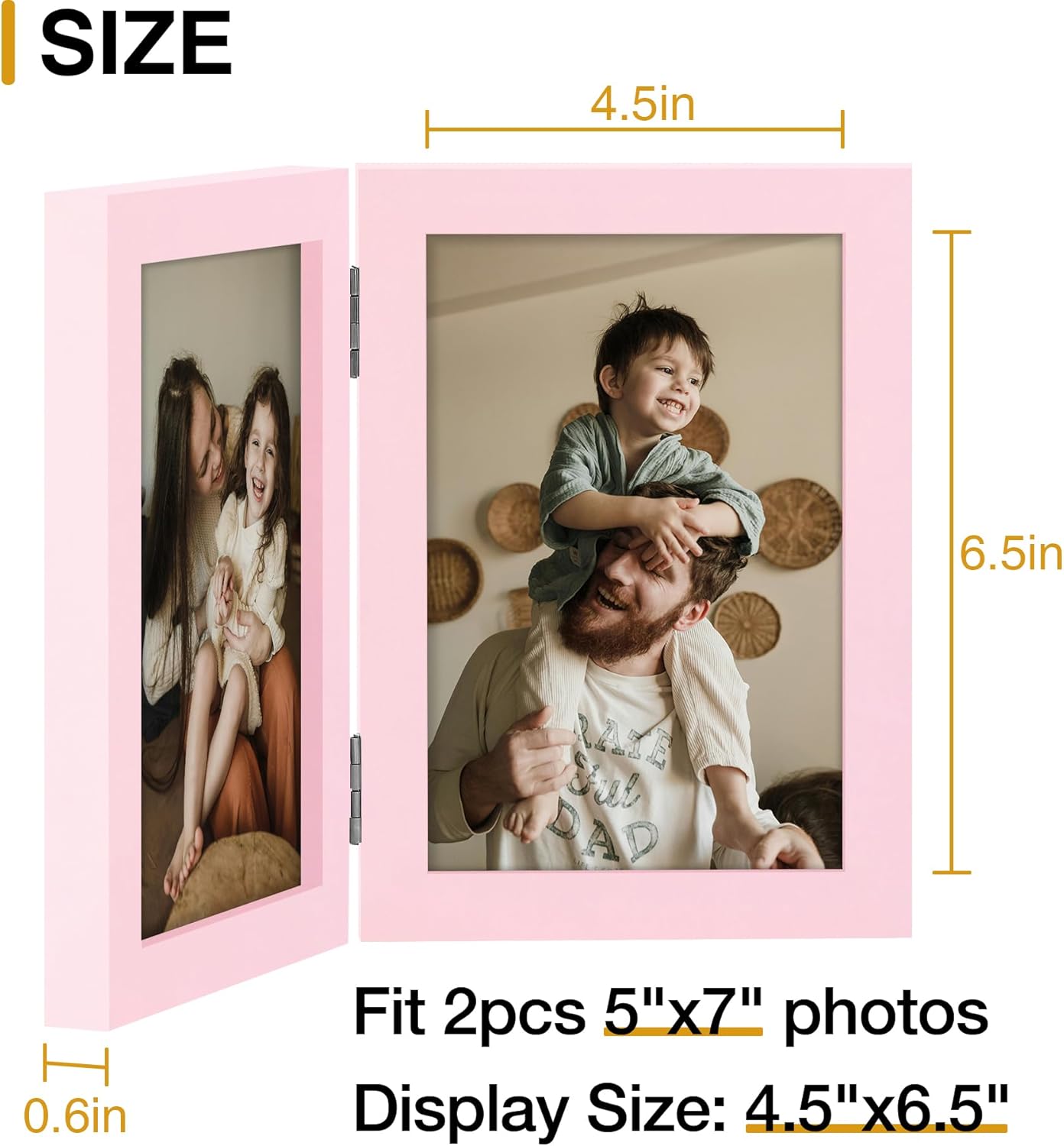 decorUhome Double 5x7 Picture Frame Vertical, Engineered Wood Bifold Photo Frame with Plexiglass for Tabletop Display, 5x7, Pink
