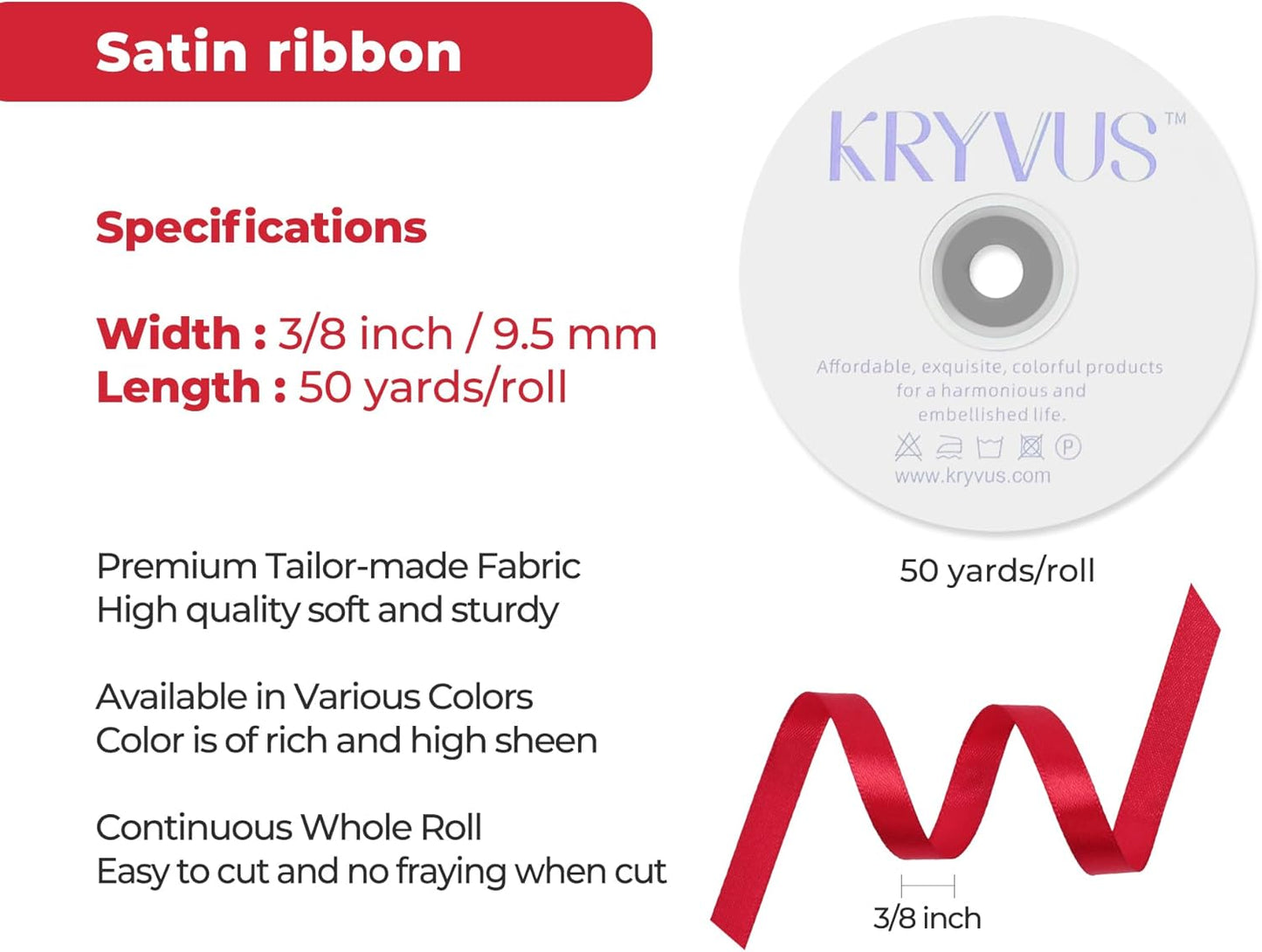 Red Satin Ribbon 3/8 inch X Continuous 50 Yards, Single Face Polyester Ribbon Perfect for Gift Wrapping, Flower Bouquet, Wedding Decor, Crafts, Bow Making, Sewing and More