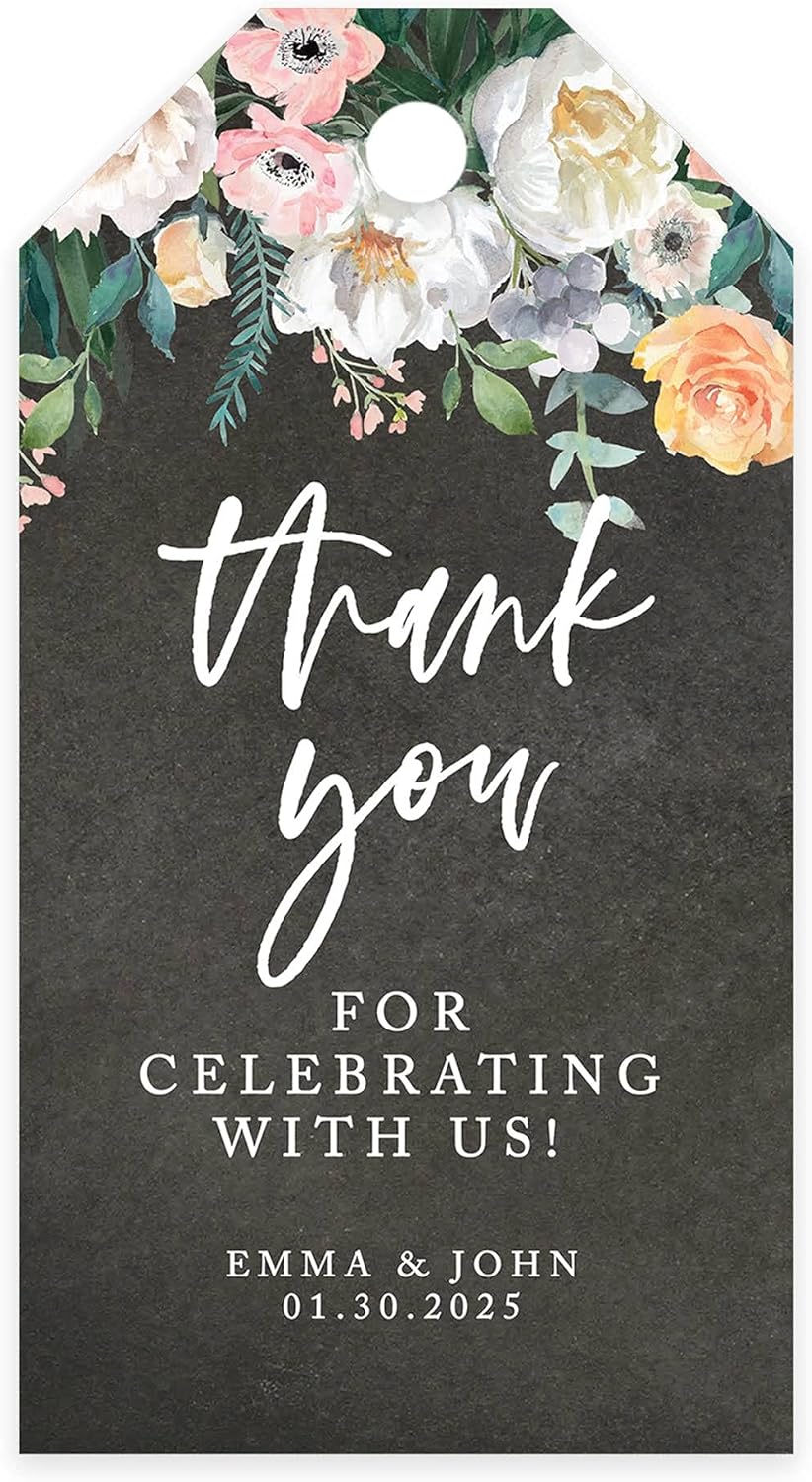 Andaz Press 100-Pack Personalized Thank You Tags with Bakers Twine Chalkboard Florals Custom Cardstock Gift Tags for Wedding Party Favors 2 x 3.75-Inches