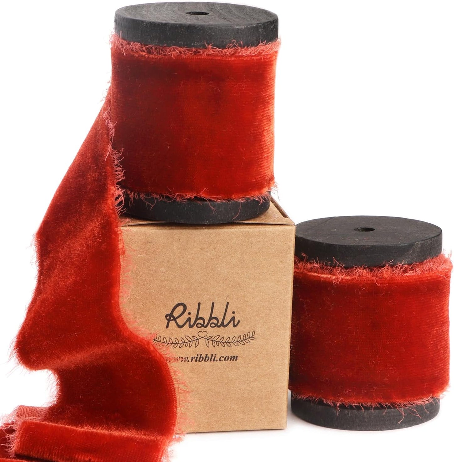 Ribbli Rust Red Velvet Ribbon 1.5 Inch Handmade Frayed Vintage Christmas Ribbon for Gift Wrapping Christmas Tree Ornament Wreath Craft Home Decor -Total 3 Yards with Wooden Spool