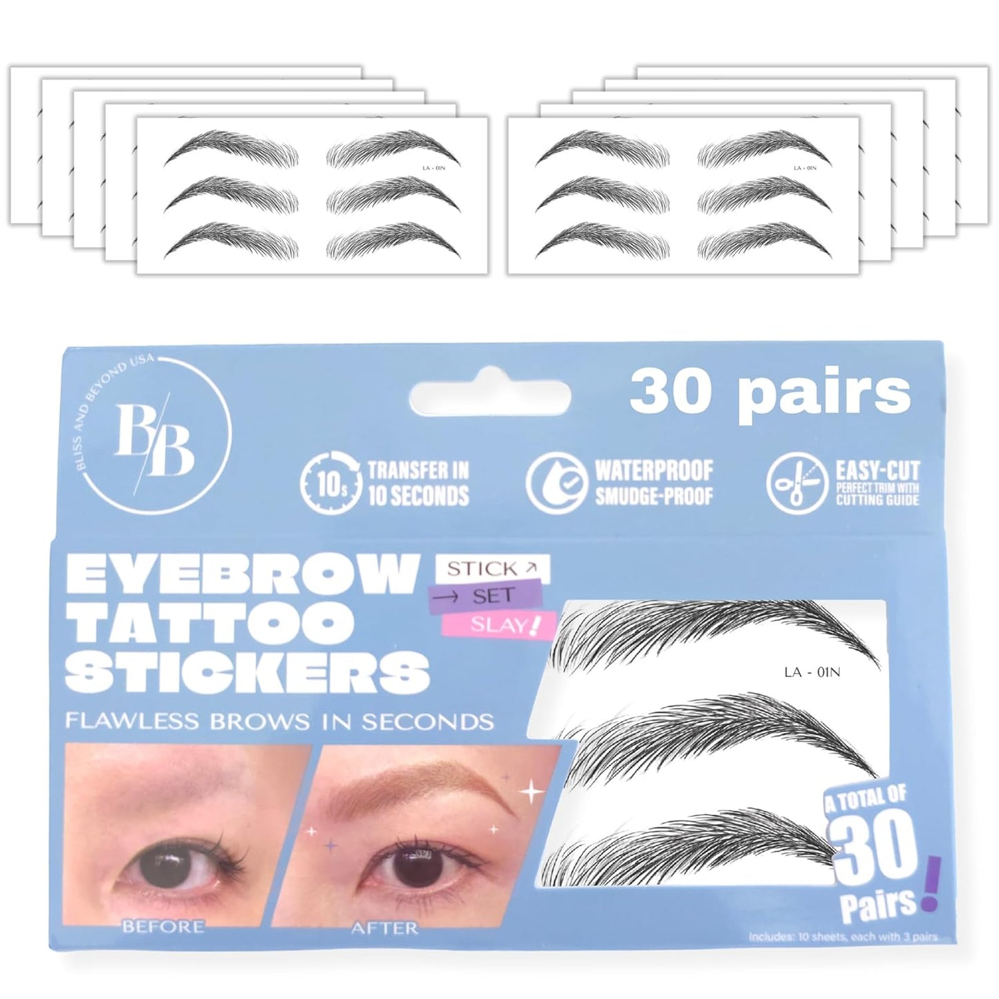 Bliss and Beyond USA Eyebrow Tattoo Stickers Waterproof – 30-Pair Deluxe Box | Realistic Hair-Like Temporary Brows for Alopecia, Cancer, and Hair Loss (Black, Natural Los Angeles)