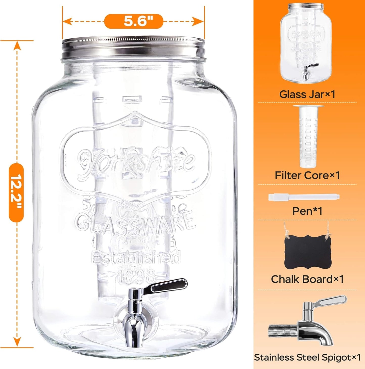 2 Gallon Glass Drink Dispenser for Parties, Beverage Dispenser, Lemonade Dispenser with 18/8 Stainless Steel Spigot, Leakproof for Sun Tea, Juice, Picnic, BBQ & Bars
