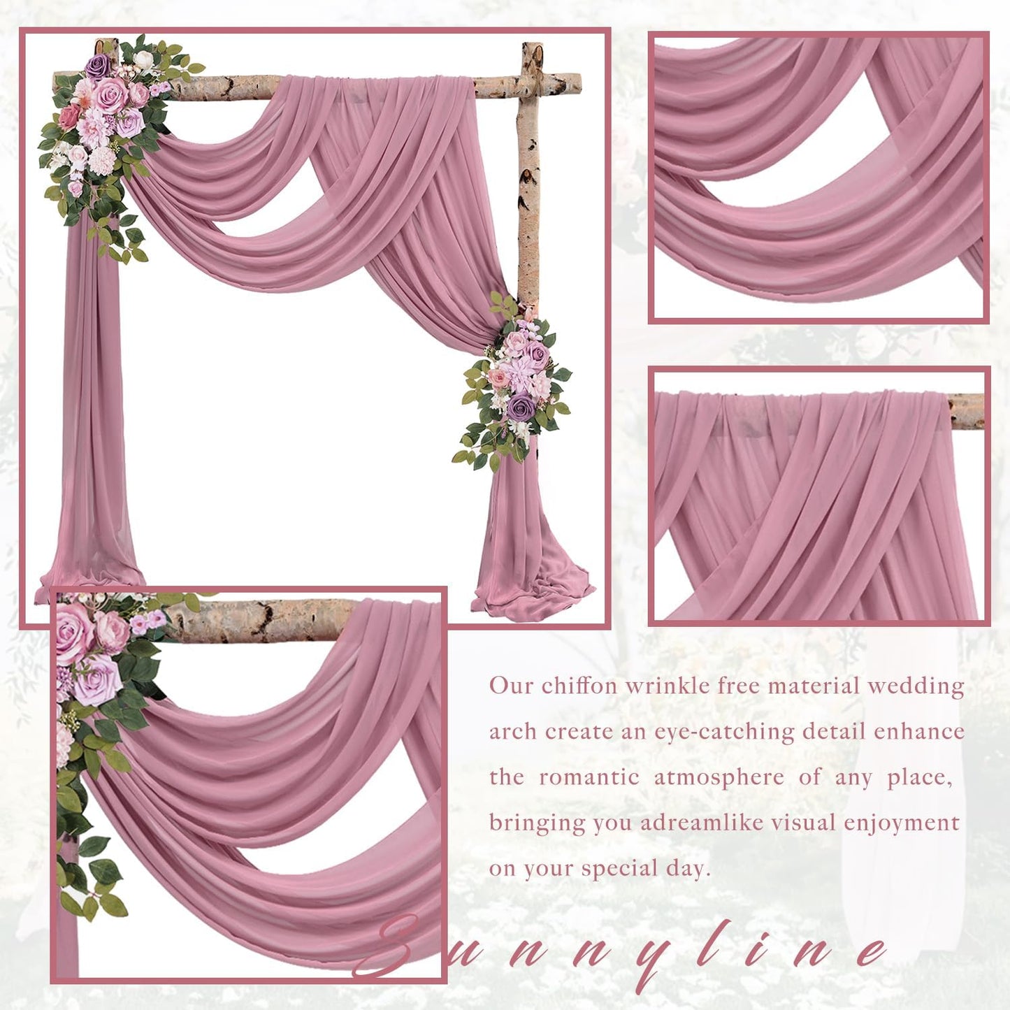 Dusty Rose Wedding Arch Draping Fabric 2 Panels 20Ft Length x 28" Width Arch Drapes Chiffon Fabric Sheer Curtains Backdrop for Party Bridal Decorations Wedding Ceremony Ceiling Stage Reception Decor