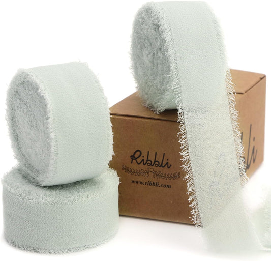 Ribbli Creamy Sage Ribbon 1 Inch x 3 Rolls Total 24 Yards Light Green Handmade Fringe Chiffon Silk Ribbon for Wrapping Wedding Invitations Bridal Bouquets DIY Crafts Home Decor