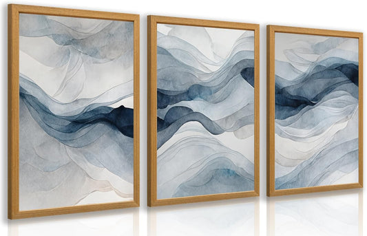 IAFWZX Wood Framed Blue Gray Abstract Wall Art, Modern Minimalist Waves Wall Decor, Neutral Watercolor Line Canvas Paintings, Navy Blue Watercolor Poster Prints for Living Room Office 16"x24"x3