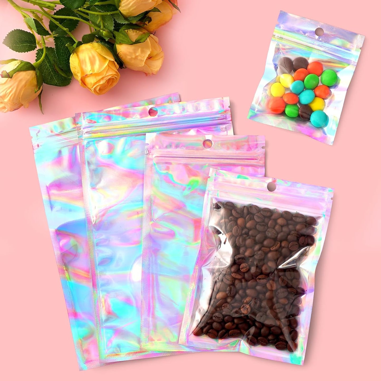 Funfery 100 Pack Smell Proof Holographic Bags Clear Window Resealable Bags,Mylar Foil Bag with Zipper,Sealing Pouch Packaging Bag for Food Storage,Candy,Party Favor Sample Business Supplies(3x4.7in