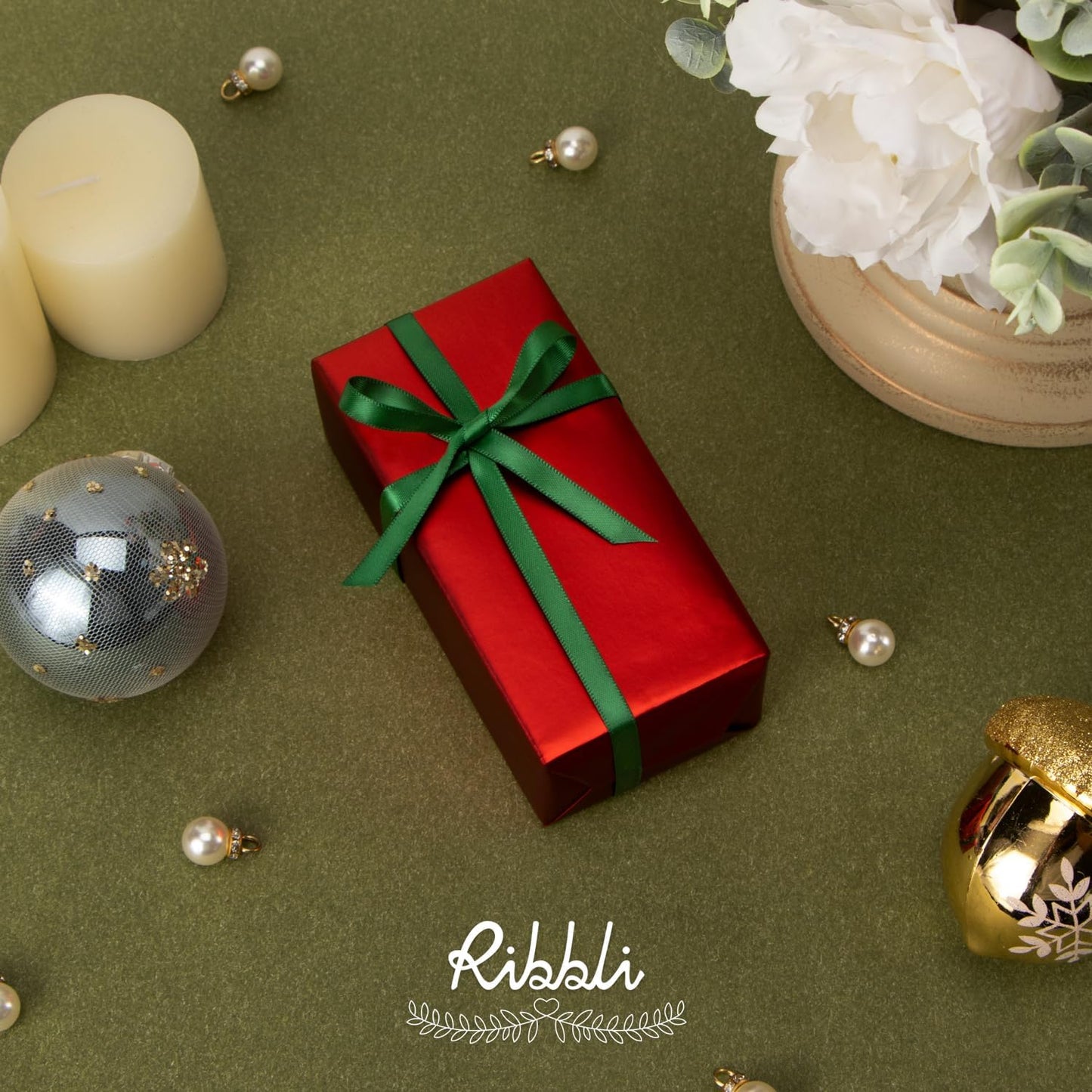 Ribbli Forest Green Satin Ribbon Double Faced Satin 1/4 Inch x Continuous 100 Yards-Green Ribbon for Gift Wrapping Crafts Wedding Decoration Bows Bouquet Floral Arrangement