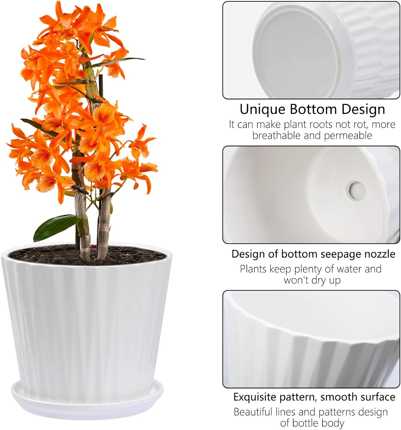 Plant Pots - 6.7 Inch Cylinder Ceramic Planters with Connected Saucer, Pots for Succuelnt and Little Snake Plants, Set of 2, White