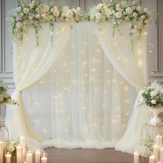 30×10ft Cream White Tulle Backdrop Curtain with Lights String for Parites, Sheer Photo Backdrop Curtains for Wedding Party Photography Background