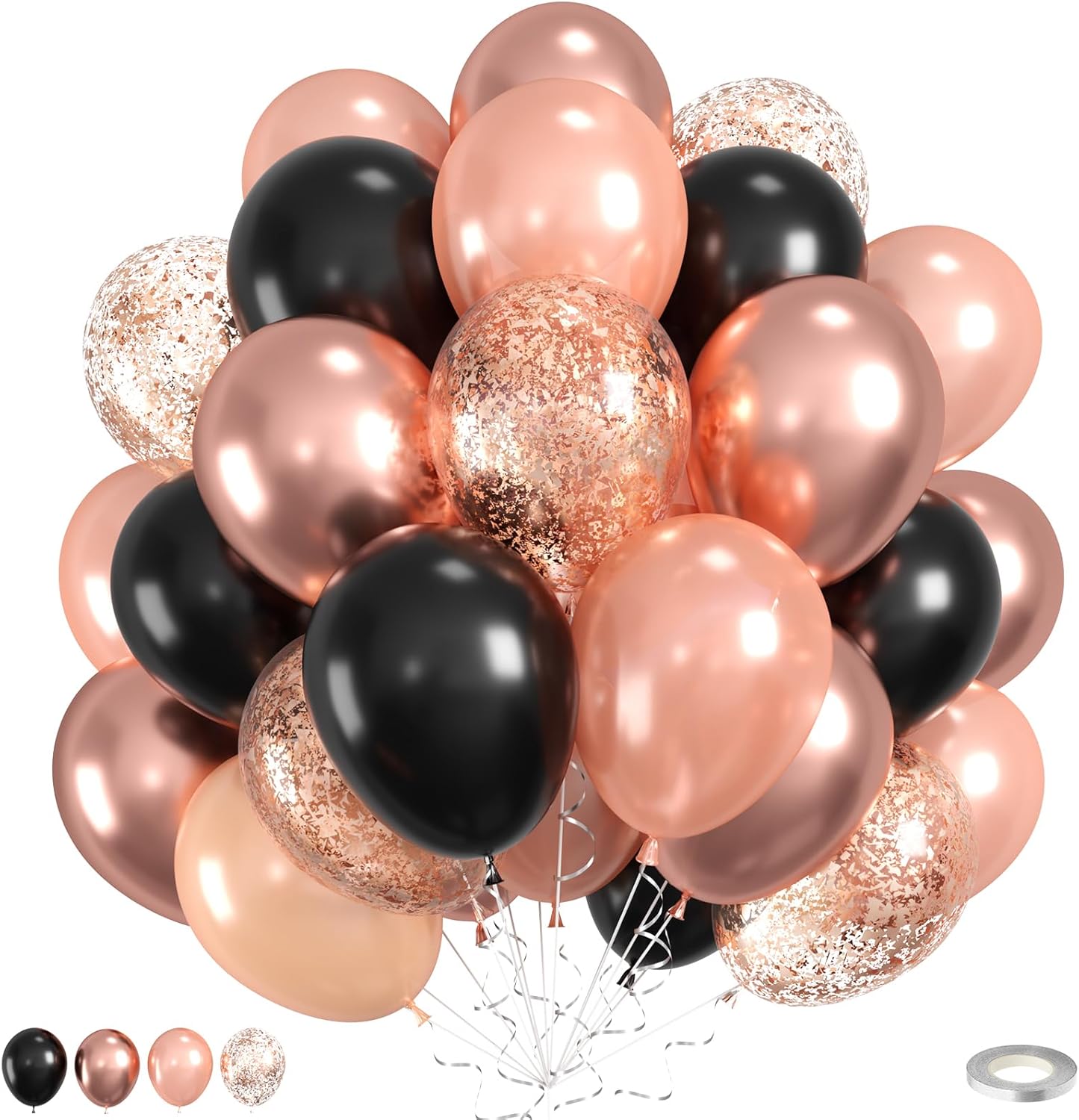 Black Rose Gold Balloons, 60pcs Rose Gold And Black Balloons, Metallic Pearl Matte Confetti Balloon For Girls Women Lady Birthday Baby Shower Party Wedding Bridal Shower Bachelorette Engagement Decor