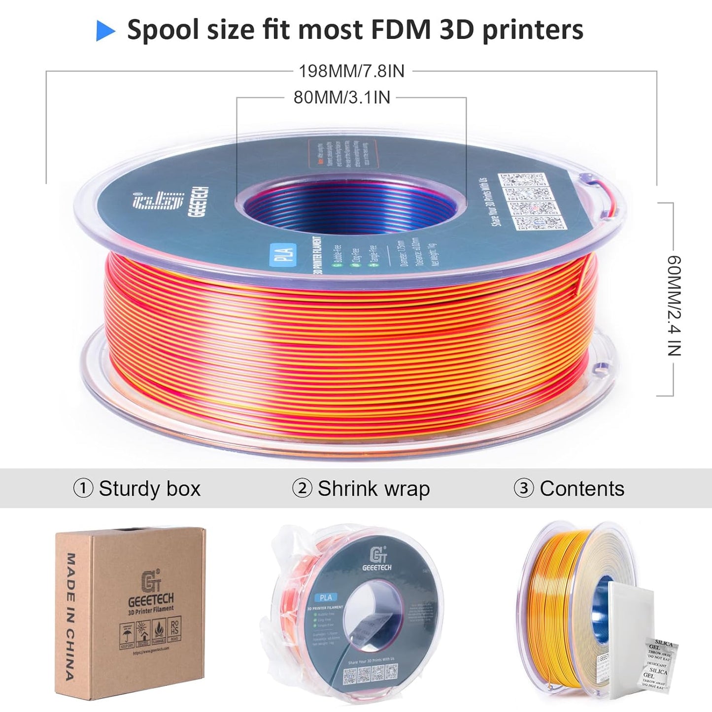 Geeetech 3D Printer Silk PLA Tri-Color Filament, Metal-Like Shiny Silk Filament 1.75mm 1kg (2.2lbs) Spool, Dimensional Accuracy +/- 0.02 mm, Tri-Color Red Yellow Blue