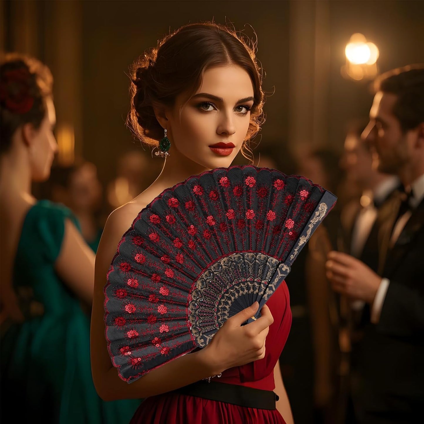 QIRMIZI 10 Pack Fabric Folding Handheld Fans, Perfect for Weddings, Parties, and Dancing,Red