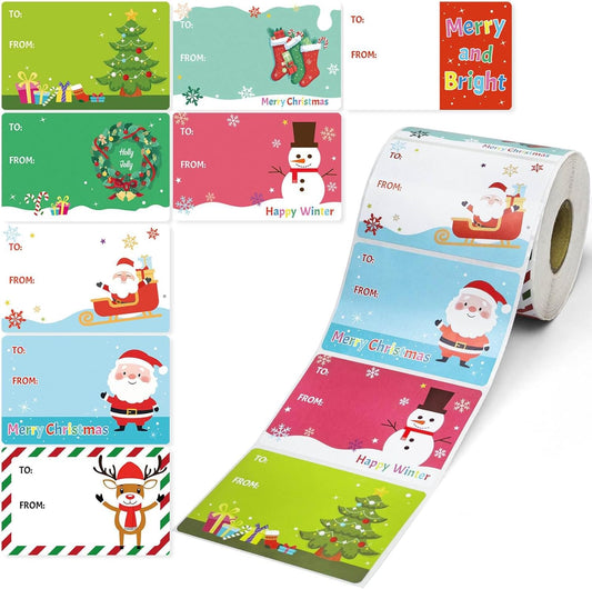 500 PCS Christmas Gift Tags, Self Adhesive Santa Claus Stickers, Festive Holiday Name Labels for Wrapping Paper Presents Decor, 8 Designs