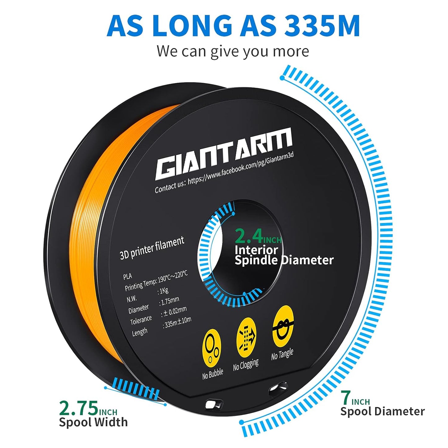 GIANTARM 3D Printer Filament, Orange Pla Filament, 1Kg(2.2lbs) Spool, 1.75mm Dimension Accuracy +/- 0.03mm, 3D Printing Filament