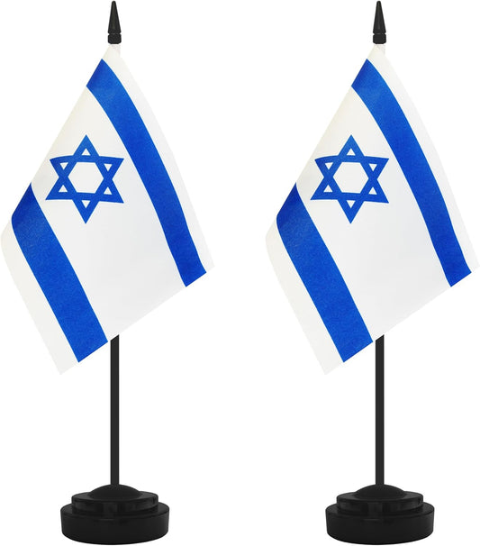 2 Pack Israel Desk Flag Set, Israeli Desktop Small Miniature Table Office Flag with 12" Black Pole and Black Base, Offices, Classroom, Home, Festival Decoration (Israel)