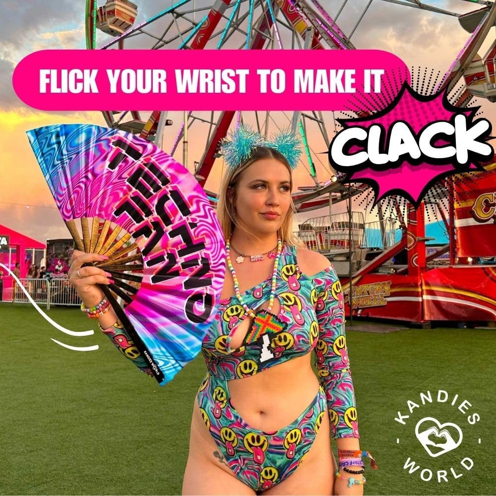 Kandies World UV Reactive Custom Festival Folding Hand Fan - Unique Designs, Made of Bamboo, Clacking Sound, Lightweight - Perfect Rave and Festival Accessory!