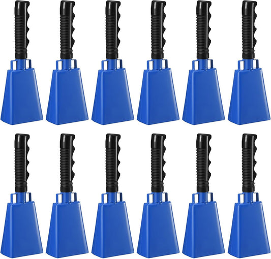 Pelopy 12 Pcs Large Cow Bell 9 '' Cowbell with Handle Cowbells for Sporting Events Hand Percussion Cheering Bell Chimes for Football Game, Alarm Loud Noise Makers, Musical Instrument(Blue)