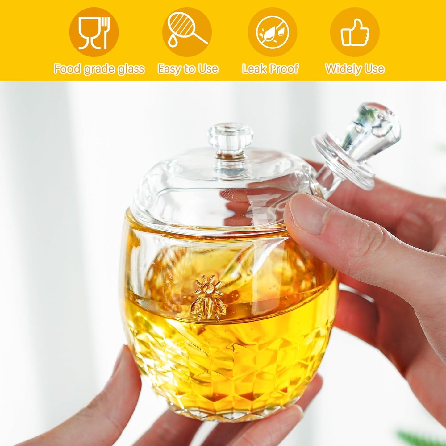 kanpura Honey Pot with Dipper and Lid Glass Honey Jar with Dipper Wide Mouth Honey Containers Airtight Syrup Honey Dispenser for Home Kitchen(7.5 OZ)