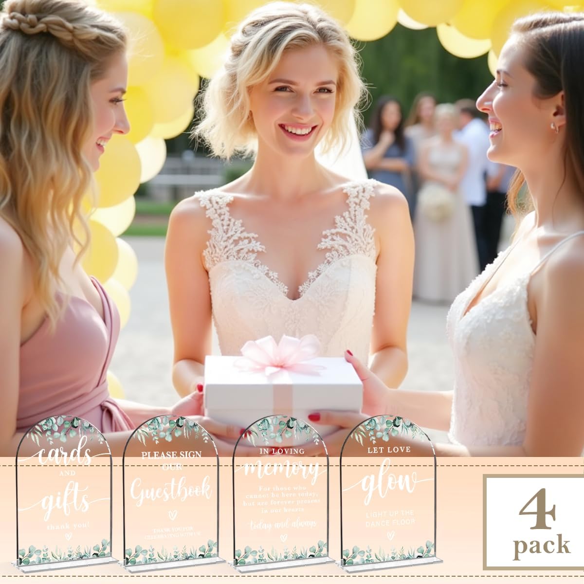 4 Pcs Acrylic Wedding Signs for Reception, Bridal Shower Decorations, Cards and Gifts Signs, Guest Book Sign, Arch Acrylic Table Top Sign with Holder for Wedding Reception (Clear Eucalyptus Leaves)
