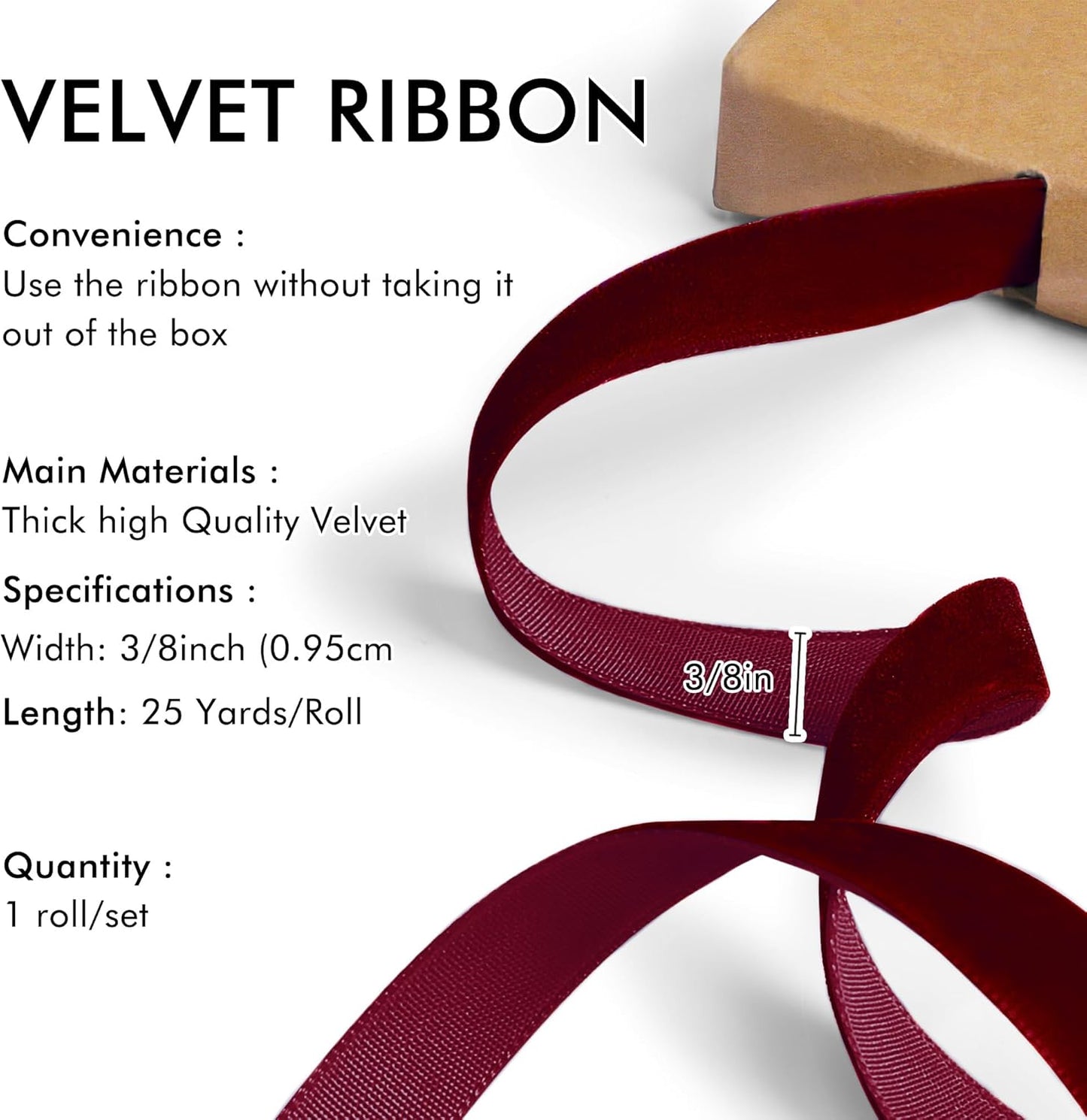 Burgundy Velvet Ribbon 3/8'' 25 Yards for Christmas Tree, Gift Wrapping, Flower Bouquet, Wreath Decorations, Bow Making