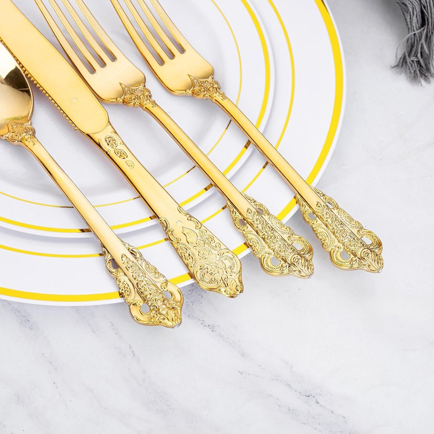 WDF 120PCS Gold Plastic Silverware - Heavy Duty Gold Plastic Cutlery Set Disposable Utensils - 40 Forks, 40 Spoons, 40 Knives, Perfect for Thanksgiving Party/Weeding and Daily Use