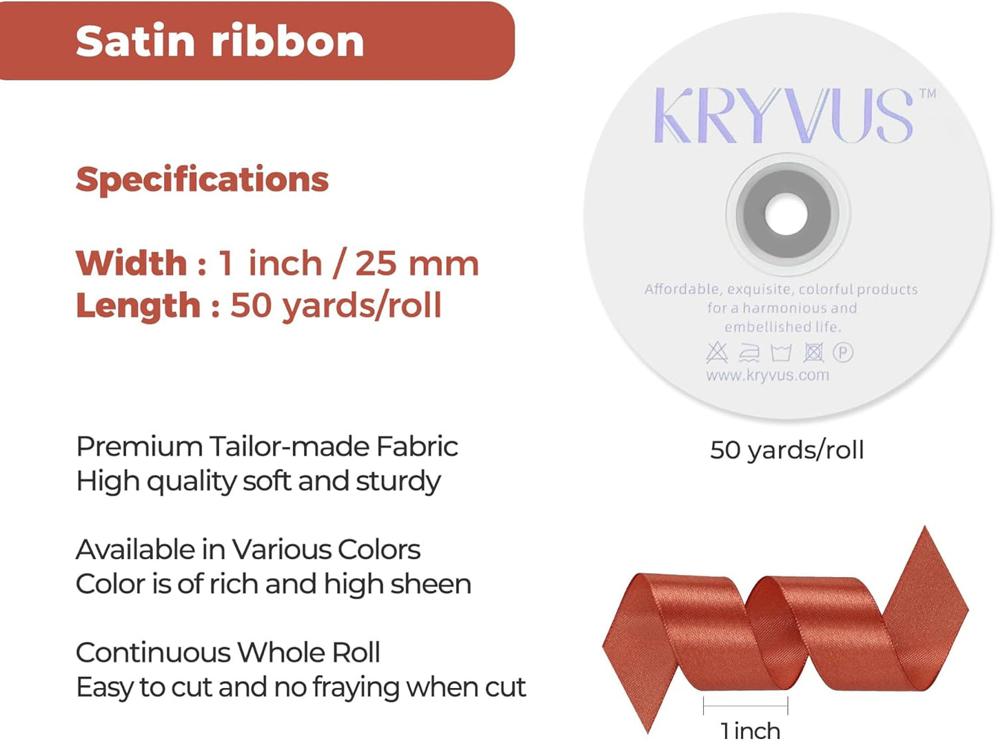 Copper Satin Ribbon 1 inch X Continuous 50 Yards, Single Face Polyester Ribbon Perfect for Gift Wrapping, Flower Bouquet, Wedding Decor, Crafts, Bow Making, Sewing and More