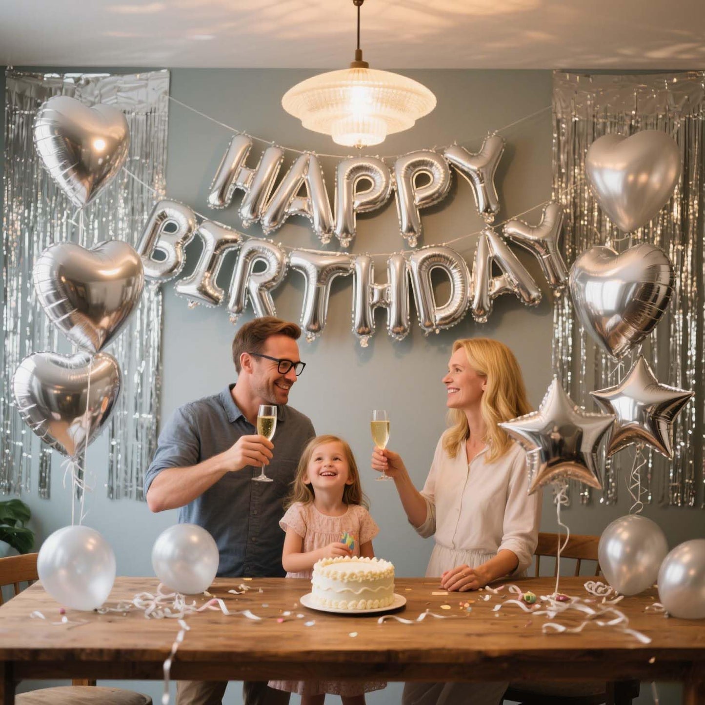 29 Pcs Silver Birthday Party Decorations - Happy Birthday Balloons Banner Silver, Heart & Star Foil Balloons, Confetti & Latex Balloons, Foil Fringe Curtains Party Supplies for Men