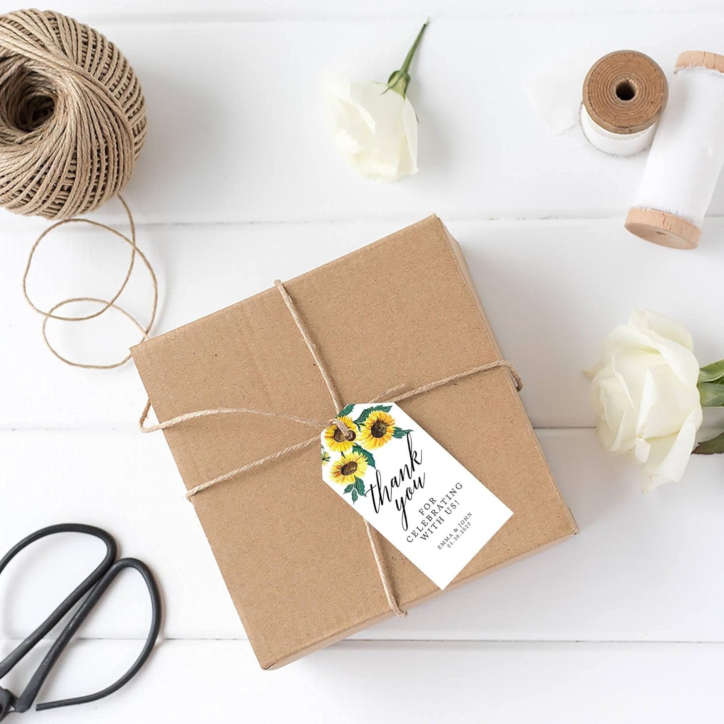 Andaz Press 100-Pack Personalized Thank You Tags with Bakers Twine Sunflowers Custom Cardstock Wedding Gift Tags for Wedding Party Favors 2 x 3.75-Inches