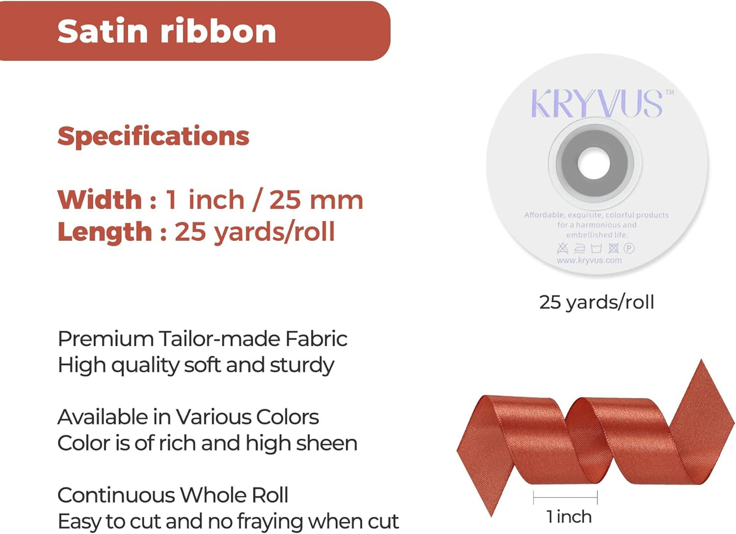 Copper Satin Ribbon 1 inch X Continuous 25 Yards, Single Face Polyester Ribbon Perfect for Gift Wrapping, Flower Bouquet, Wedding Decor, Crafts, Bow Making, Sewing and More