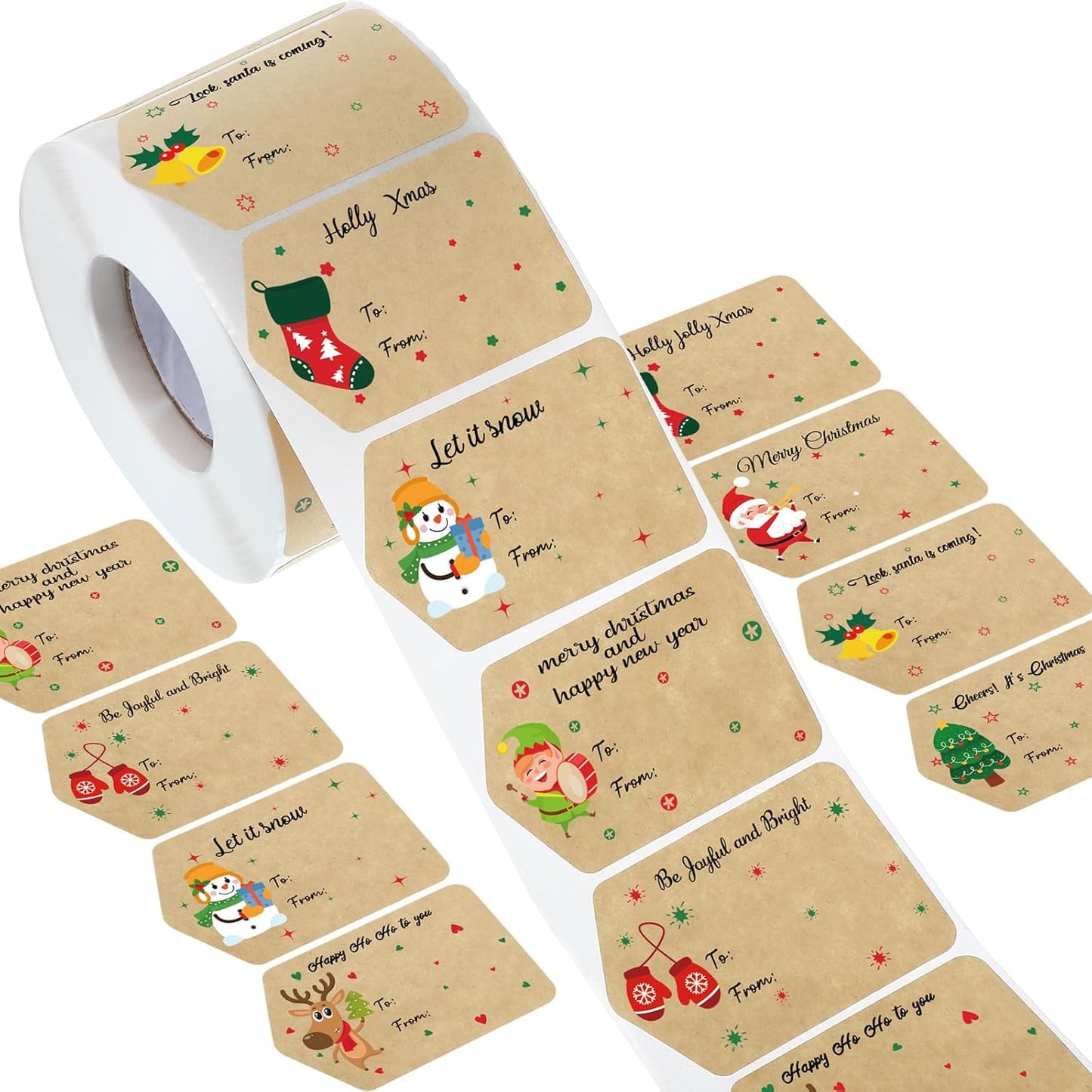 Zonon 720 Pieces Self Adhesive Christmas Gift Tag Xmas Kraft Name Tags Natural Kraft Xmas Stickers Paper Tags Labels for Christmas Decoration(Classic Style)