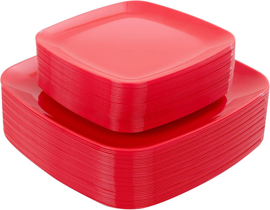PULOTE 60PCS Red Square Plastic Plates - Red Christmas Disposable for Party Include 30 Dinner and 30 Dessert Plates for 30 Guests