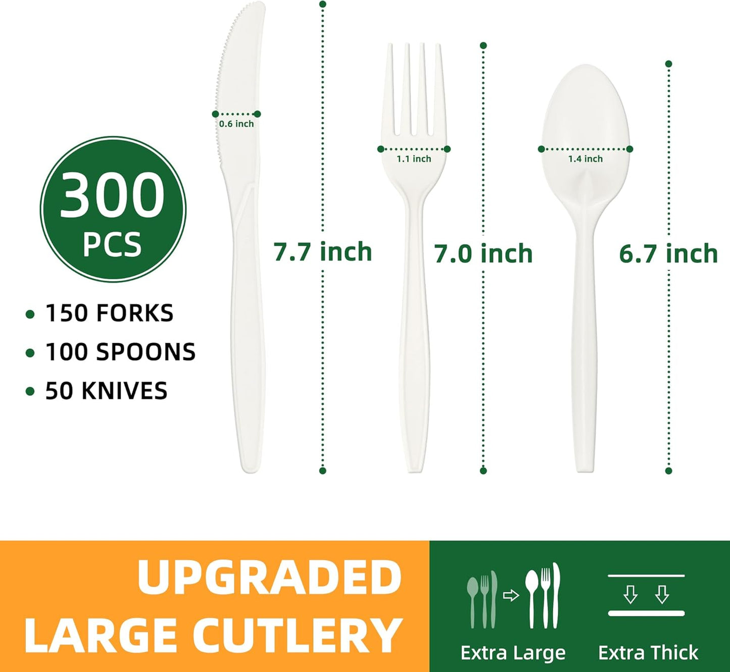 100% Compostable Cutlery Set, 300pcs (150 Forks,100 Spoons,50 Knives) Disposable Cornstarch Utensils Heavy Duty BPI Certified Eco-Friendly Party Supplies No Plastic, Ivory White