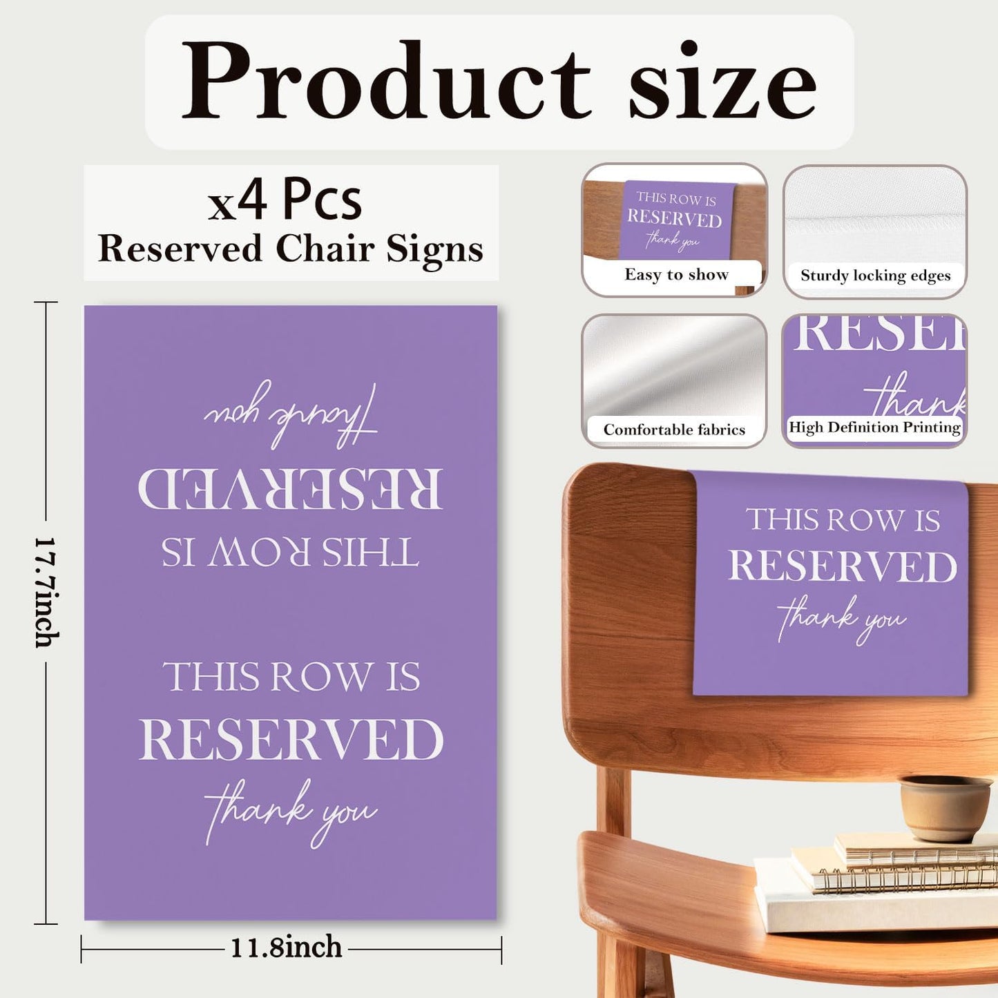 Reserved Seating Chair Signs, This Row Is Reserved Pew Cloths Seating Placeholder for Church Pews, Purple Wedding Decorations for Reception Parties Celebrations Event (Purple, 4 PCS)
