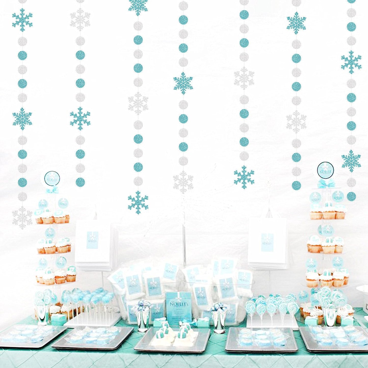 Snowflake-Snow Teal-Silver Christmas Party-Decorations Garland - 58Ft White Winter Wonderland Frozen Hanging Paper Streamers Banner,Birthday Wedding Baby Bridal Shower New Year Supplies Decor Ouruola