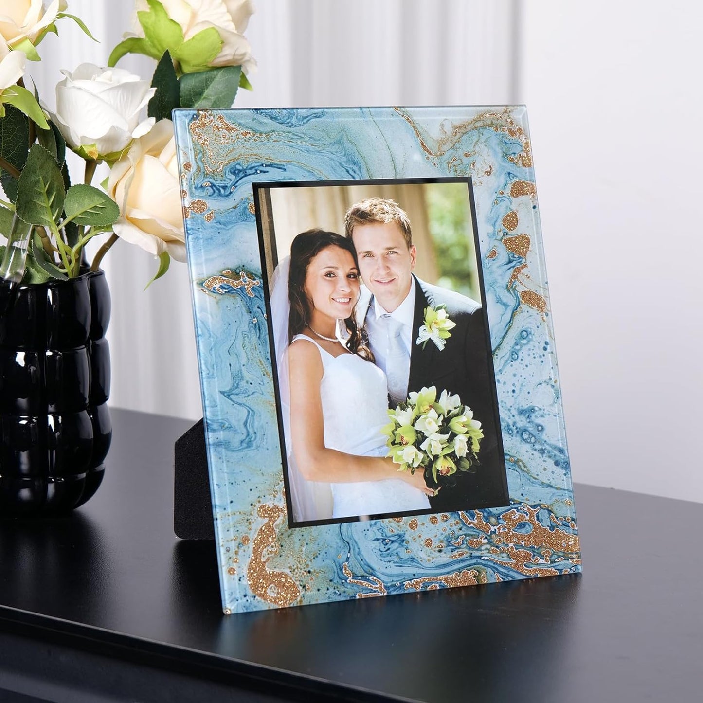 Cuspin 5x7 Blue Picture Frame, Luxury Blue and Gold Glass Wedding Frame 8x10 Marble Decorative Photo Frames for 5x7 Photos, Glamorous Elegant Frame for Tabletop, Gift, Home Office Display