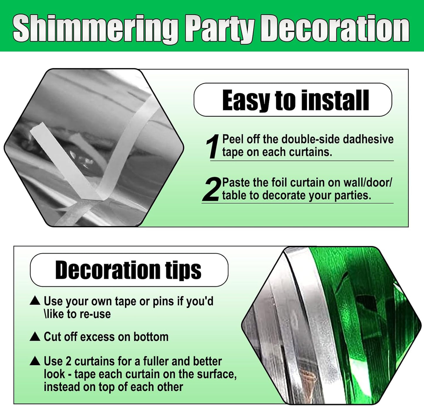 3 Pack Silver Green Foil Fringe Curtain Backdrop, 3.28Ft x 8.2Ft Metallic Tinsel Foil Fringe Streamer Curtains for Photo Booth, Christmas Day, Thanksgiving, Wedding, New Year Party Decorations