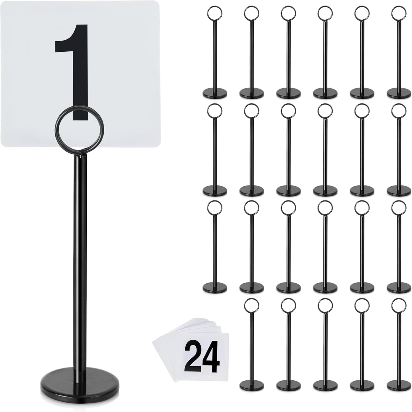 New Star Foodservice 27693 Ring Clip Table Number Card Holders, w/Number Cards, 1 to 24, Set of 24, 8-Inch, Black Stand