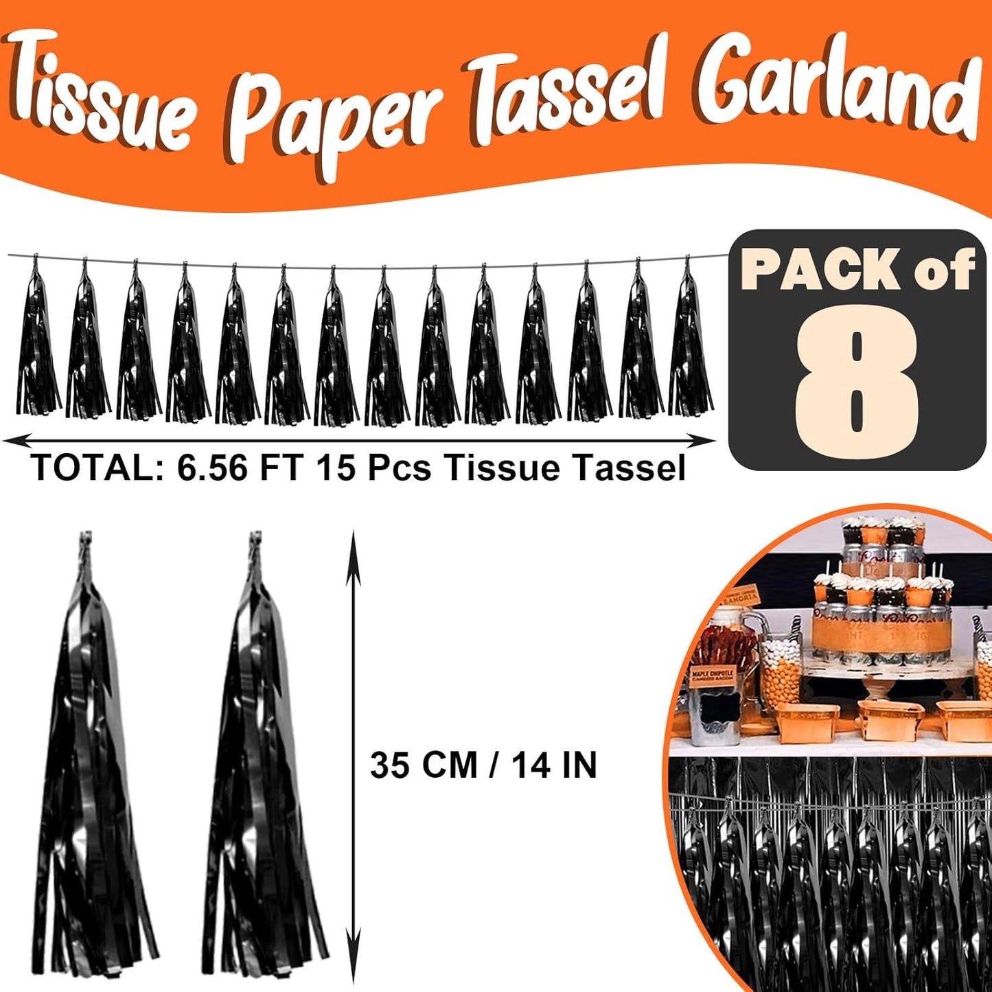 8P Black Foil Fringe Metallic Tassel Streamers Banner Tassel Garland for Parade Floats, Bachelorette, Wedding, Birthday, Halloween, Christmas, Bridal/Baby Shower Party Decorations