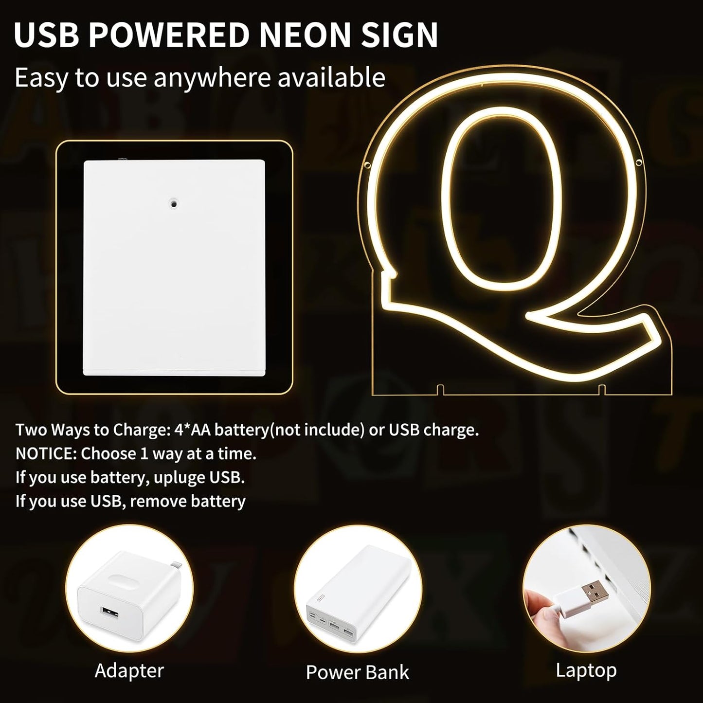 Light Up Letters Q, Led Marquee Letter Lights Neon Sign, 13.9" Height Decorative Lighted Alphabet Number, Battery/USB Powered Led Letters Lights for Wedding, Birthday, Party, Christmas or Home Decor