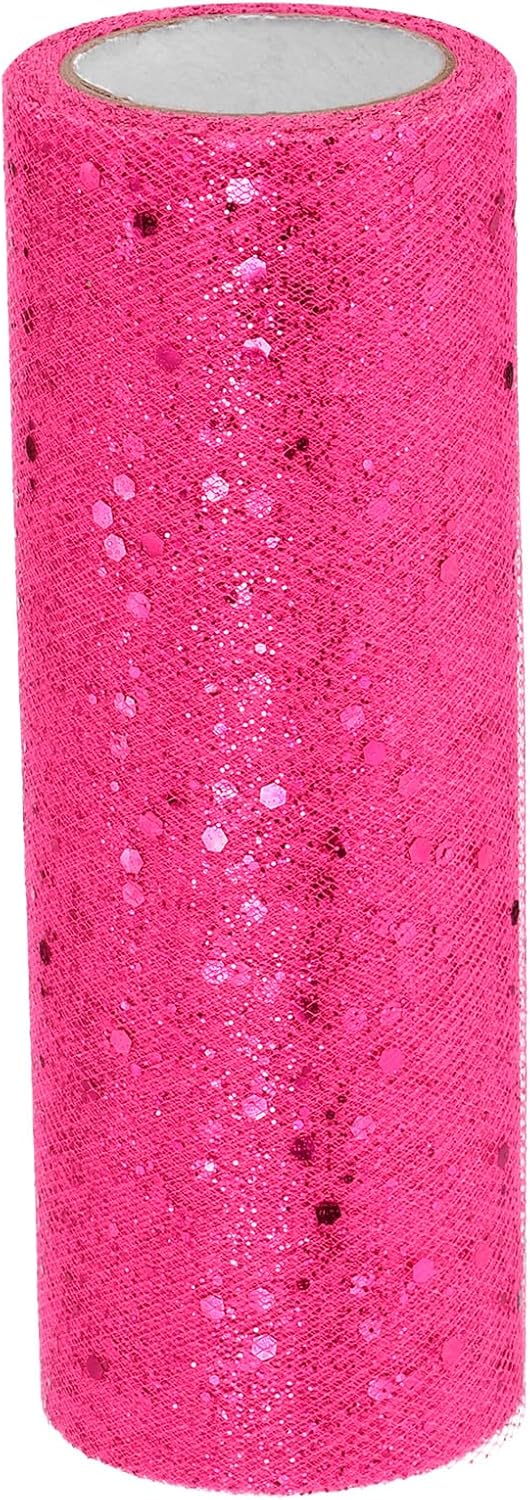 PATIKIL Tulle Fabric Rolls, 6 Inch by 10 Yards Fabric Spool Tulle Sparkling Ribbon Netting Sequin for DIY Tutu Skirts Crafts Wedding Party Decorations, Hot Pink