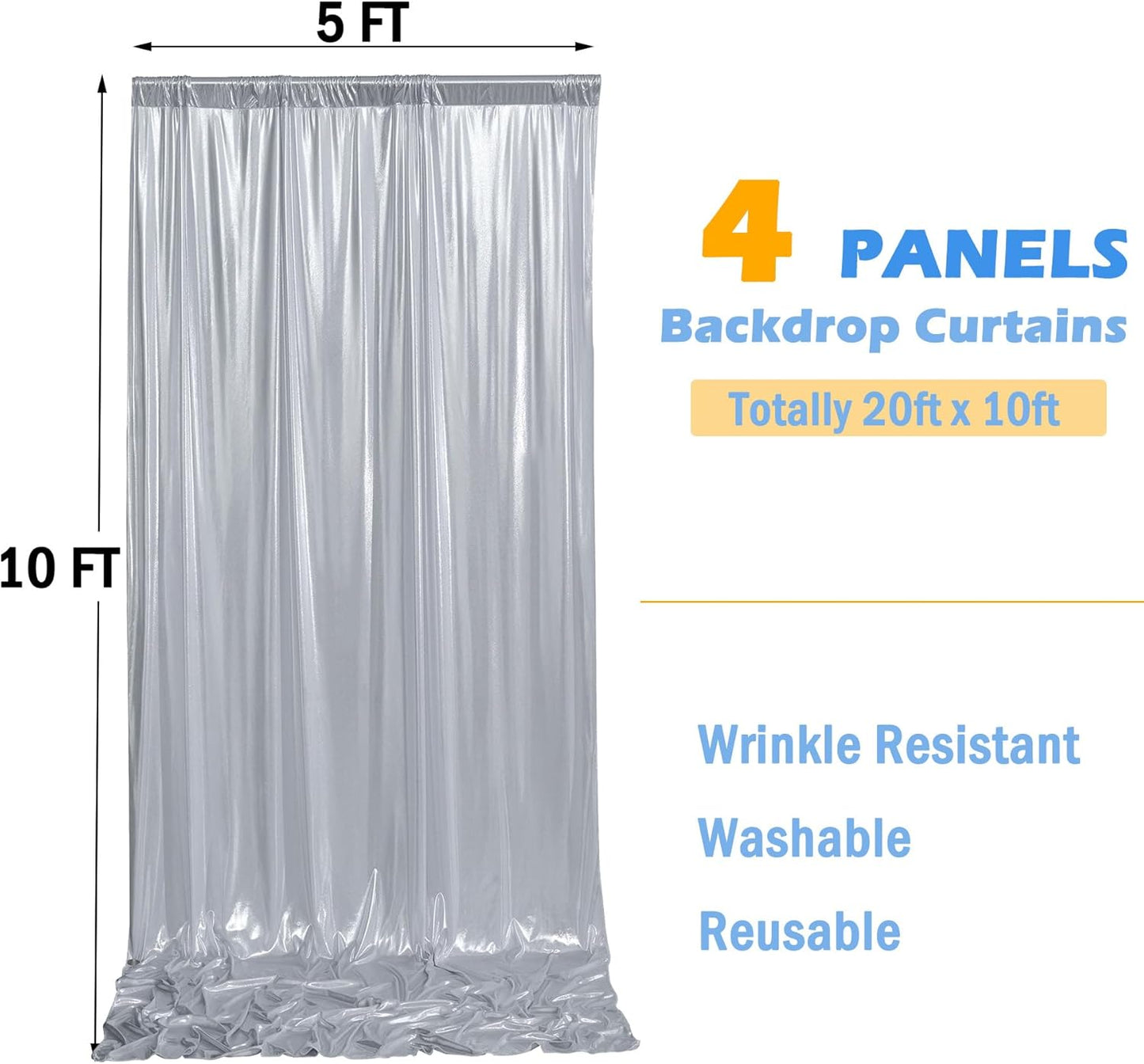 20ft x 10ft Silver Sequin Backdrop Curtain for Parties, Wrinkle Free Thick Glitter Photo Backdrop Drapes 4 Panels 5x10FT Back Drop Cloth Shiny Fabric for Wedding Birthday Photography Background