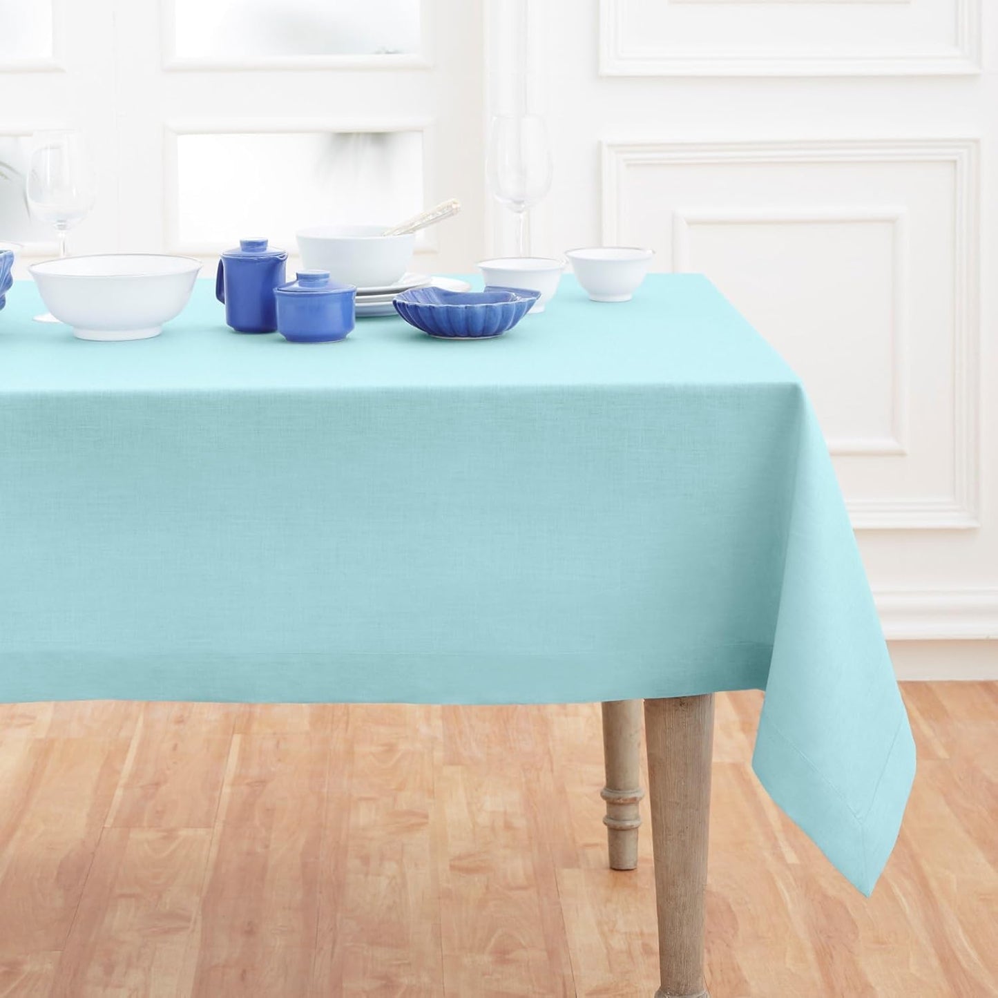 Solino Home Aqua Blue Linen Tablecloth 52 x 52 Inch - 100% Pure Linen Square Table Throw - Fete, Machine Washable Fabric Table Cloth for Fall, Autumn