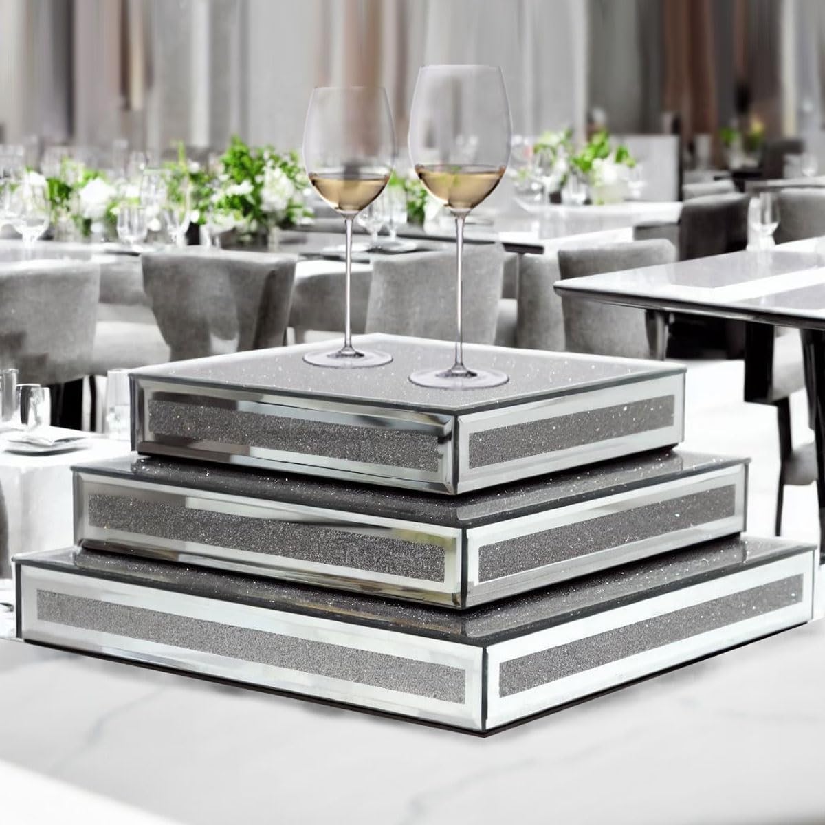 GIMORRTO Mirror Display Riser 3 PC, Glam Accent Table Display Platform for Decorative Pieces, Mirrored Showpeice 3 set, Food Beffer Displayer (Sparkling 3PC)