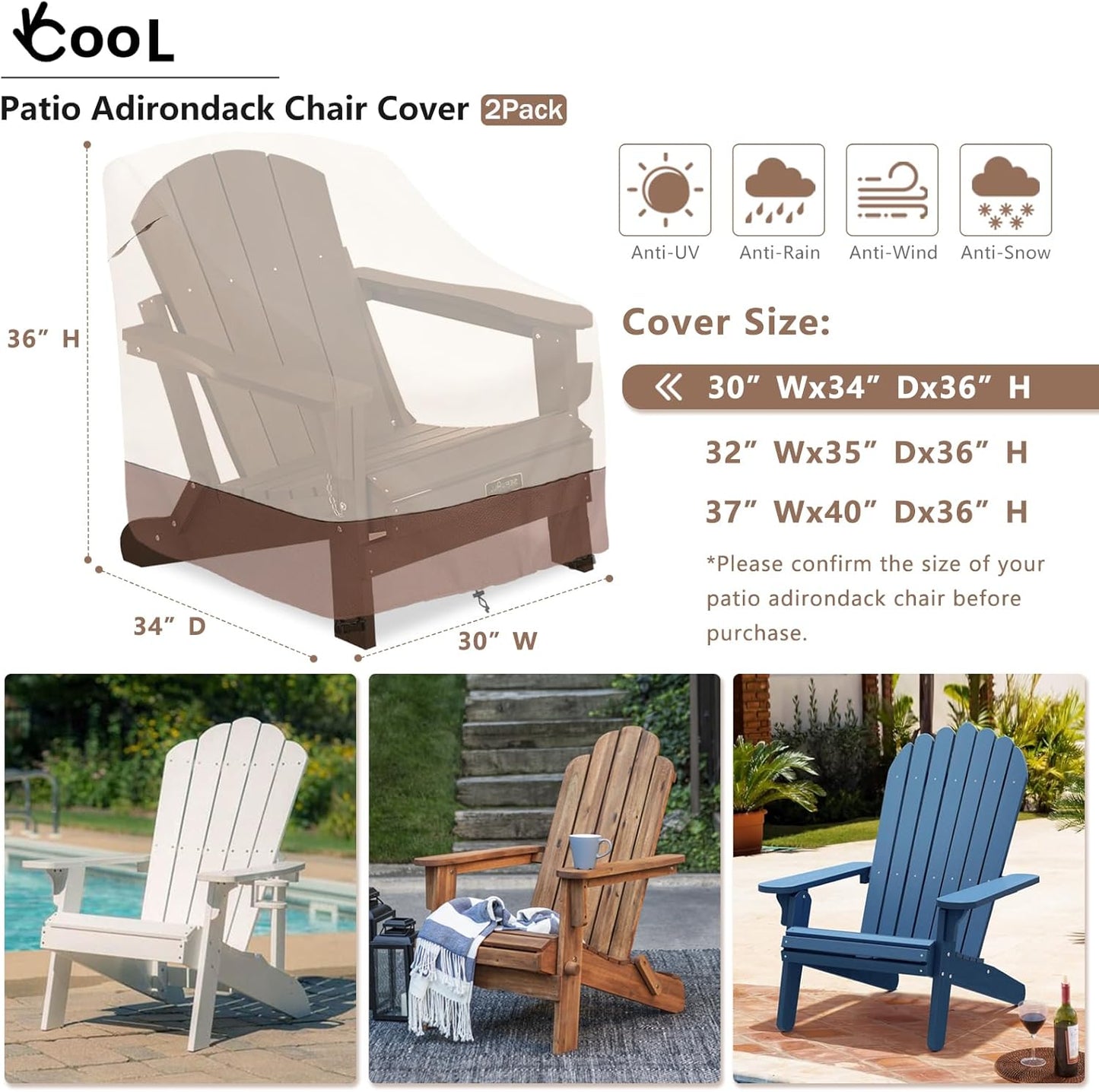 okcool Patio Adirondack Chair Cover 2 Pack,Waterproof Heavy Duty Outdoor Chair Covers,Patio Adirondack Chair Cover for Outdoor Chair,(30 W x 34 D x 36 H inches),Beige & Brown